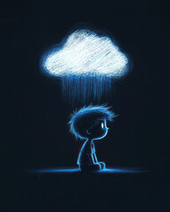 Poster - A boy sitting under a floating cloud raining only over him, symbolizing personal struggles, soft