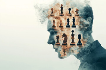 Aufkleber - A man in deep thought, his head dissolving into floating chess pieces, symbolizing complex