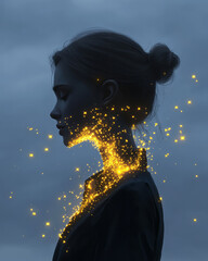 Poster - A woman standing in complete darkness, but tiny golden fireflies are emerging from her chest,