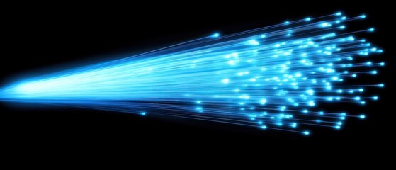 Poster - Vibrant blue fiber optic strands illuminating the dark background with dynamic energy