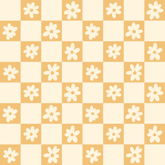 Poster - Retro orange check with daisies seamless repeating vector pattern, cute daisy doodle checked print