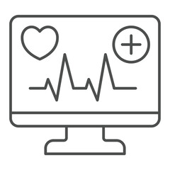 Poster - Monitor screen with heart cardiogram thin line icon, medical service concept. Vector graphics. Display of heartbeat pulse sign on white background, outline style icon for mobile or web design.