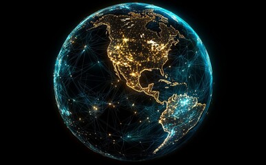 Poster - digital earth is a planet with a futuristic world view, characterized by a blue glowing light effect