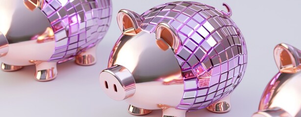 Poster - The concept of playful savings is illustrated by a pink disco ball piggy bank on a gradient background