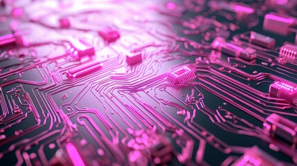 Poster - glowing nodes and lines make up a complex purple abstract technology network