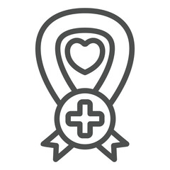 Poster - Ribbon with cross line icon, ambulance service concept. Vector graphics. Cancer silk tape with heart, plus sign on white background, outline style icon for mobile or web design.