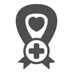 Poster - Ribbon with cross solid icon, ambulance service concept. Vector graphics. Cancer silk tape with heart, plus sign on white background, glyph style icon for mobile or web design.