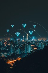 Poster - Digital hologram and Internet of Things icons representing 5G network technology are set against a city background