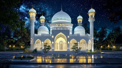 Poster - a futuristic mosque is depicted in this conceptual astrophotography stock illustration