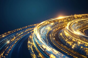Poster - The one-point perspective showcases a high-speed data transfer, brightened by intense light, as it rapidly travels through a nighttime digital tunnel