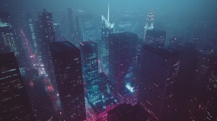 Poster - a big city is characterized by its nighttime view of office buildings and business skyscrapers striv