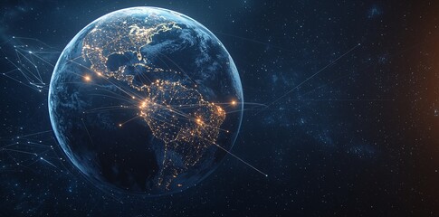 Poster - Global business and cyber security are symbolized by a futuristic digital world map in the form of a glowing sphere with geometric lines