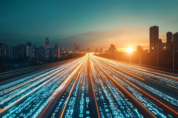 Poster - The flow of abstract digital data is juxtaposed with a city skyline and streaks of light at sunset