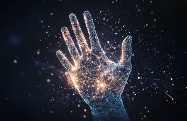 Poster - Neon threads flowing from a man's hand are suspended in a digital information stream, as seen in an abstract stock image set against a dark blue background, representing modern tech and business