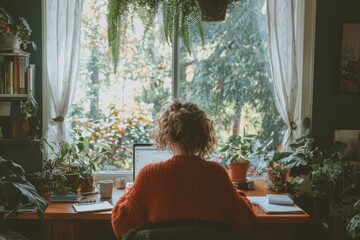 Poster - As a student types college marketing and advertising information for homework into their laptop, a woman at her desk is browsing through an e-learning platform provided by a university
