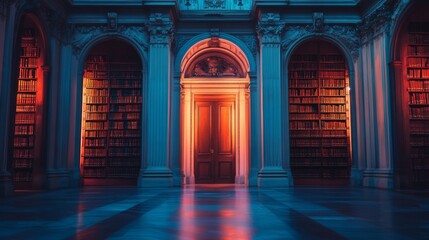 Wall Mural - a mysterious library beckons with glowing arches. shadows dance across the polished floor. the invit