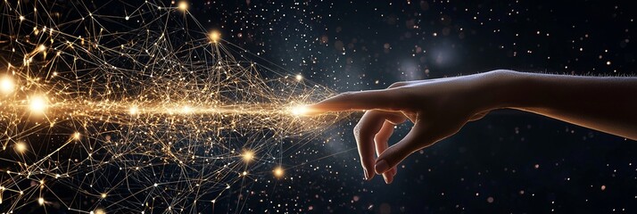 Poster - The metaverse universe is being touched by a woman's hand, representing a conceptual digital transformation for the next technology era