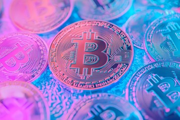 Poster - The concept of Bitcoin coin is highlighted against a variety of other coins, symbolizing the electronic virtual cryptocurrency utilized for online banking and business currency technology