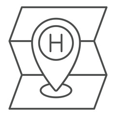 Poster - Rescue location pointer thin line icon, emergency service concept. Vector graphics. Location pin on paper map sign on white background, outline style icon for mobile or web design.