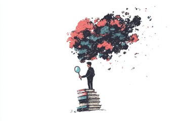 Poster - The concept of finding ideas is depicted in a flat design, featuring a man using a magnifier to research books and textbooks, symbolizing brainstorming and discovery, which fuels inspiration,