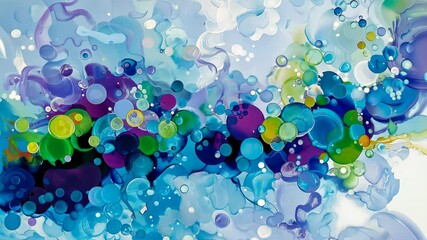 Poster - Bright colors swirl together in an abstract design showcasing circles and shades of blue, creating a lively and captivating art piece
