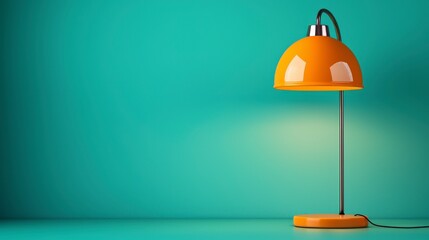 Poster - Illuminating Ambience: An orange desk lamp stands elegantly against a turquoise background, casting a warm, inviting glow that highlights the simplicity of the room.