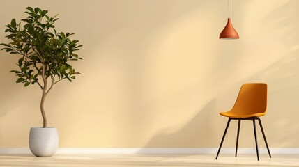 Poster - Serene Living Room: A meticulously composed image reveals a minimalist interior scene featuring a potted plant and a chair against a light, neutral wall.