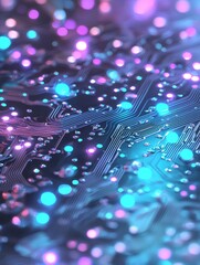 Poster - Innovation and future communication are represented in this stock illustration of a cyber science tech background with abstract digital technology circuitry in blue and purple hues
