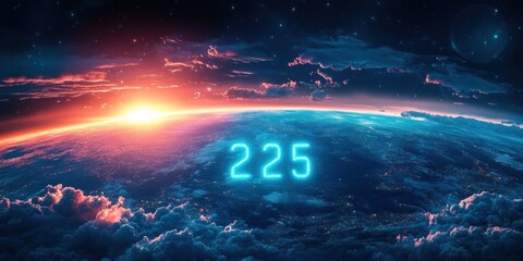 Futuristic Digital Landscape 2025 Neon Blue Earth Space Sunrise Cyberpunk Aesthetic
