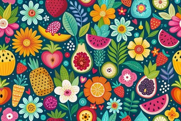 Wall Mural - Cute Fruit & Flower Fashion Collage: Playful Abstract Print Design