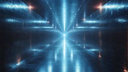 Wall Mural - a long, dark tunnel with blue lights shining down on it
