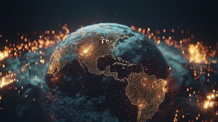 Poster - picture a world map that morphs from a static paper format to a vibrant holographic globe, illustrat