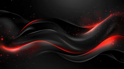 Poster - Abstract flowing waves of red and black with sparkling particles on a dark background, creating a dynamic visual effect