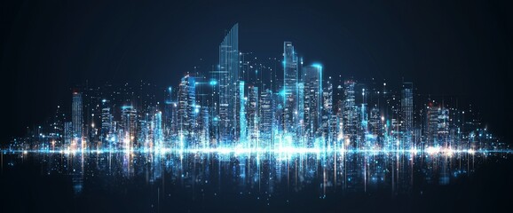 Poster - A futuristic metropolitan area is characterized by its skyline, which includes radiant lines embodying technology and forward-thinking