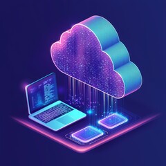 Poster - A 3D illustration on a blue background represents the concept of cloud computing technology
