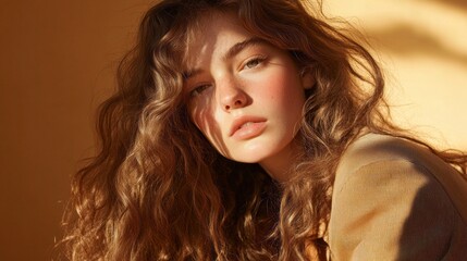 Poster - Soft golden light dances across the room, highlighting the gentle waves of hair cascading around a tranquil face. The warmth exudes comfort and serenity, creating a peaceful atmosphere