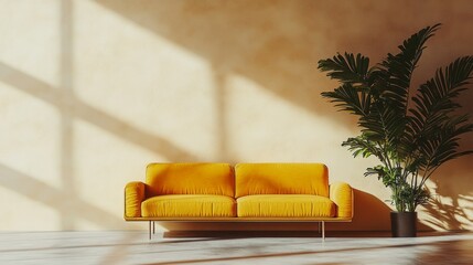 Poster - Sunlight casts soft shadows across a cozy living area featuring a striking yellow sofa paired with a tall green plant. The warm tones create a welcoming atmosphere that invites relaxation