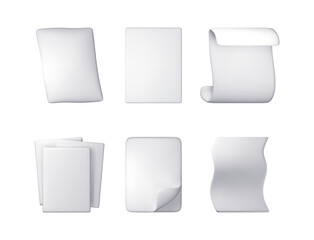 Fototapete - 3d set of white blank paper pages isolated. Render collection of paper sheets with curled corners and folded edges. Empty documents, notes or letters mockup. Vector illustration