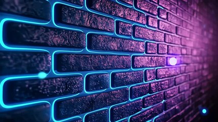 Poster - Neon lights tracing architectural brick casting vivid surfaces, and blue luminescence along purple wall contours background video 4k