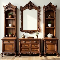 elegant vintage wooden furniture set with ornate carvings, antique, traditional