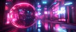 © Gadis - Glowing Orb Reflects Neon Lights on Wet Street in Cityscape Backdrop