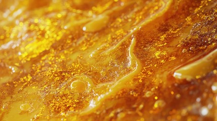 Poster - Close-up of shimmering amber resin glistening under soft light, showcasing intricate textures and vibrant colors