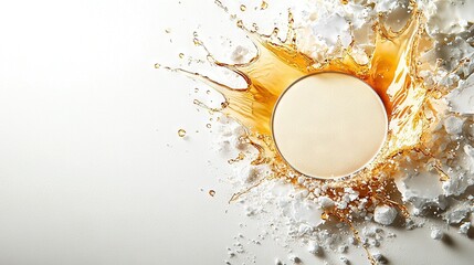   A white object with water splashing out and a yellow circle in the center