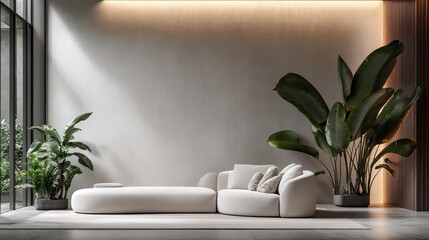 Poster - Bright and airy living area features a soft white sofa adorned with cozy pillows. Lush plants enhance the tranquil atmosphere, creating a peaceful retreat perfect for relaxation