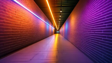 Poster - empty neon lights illuminate an Vibrant urban tunnel with a brick wall, creating a futuristic and atmospheric space background video 4k