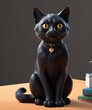 © Olena Liulko - sleek black cat with striking yellow eyes sits regally on a table, wearing a collar with a heart-shaped tag