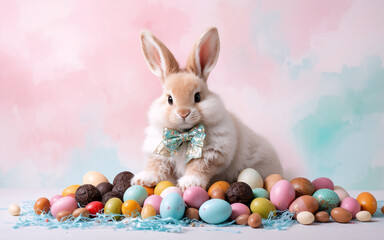 Poster - A fluffy bunny with a bow tie sits among colorful Easter eggs on a pastel background, embodying the joy of the spring holiday.