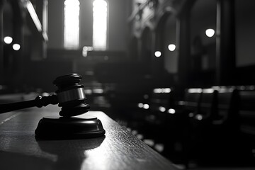 Fototapete - A high-contrast, minimalistic image of a gavel resting on an empty courtroom bench, the background blurred, leaving ample copy space at the top for a legal service ad.