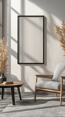 Aufkleber - Sunlight streams through a large window, illuminating a cozy corner with a plush chair and stylish table. Dried plants add a touch of nature, creating a tranquil space for relaxation