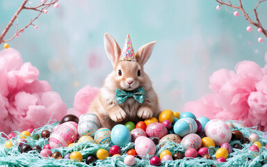 Poster - Cute bunny with a party hat and bow tie is surrounded by colorful Easter eggs and pink flowers.  A cheerful spring holiday scene.